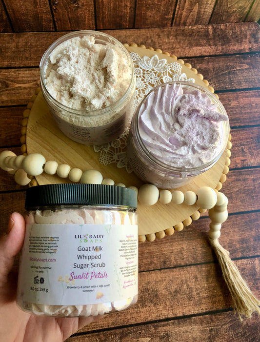 Daisy Sugar Scrub- Gentle Exfoliating Goat Milk Body Scrub Lil Daisy Soaps Body Care 9.0 oz / Sunlit Petals