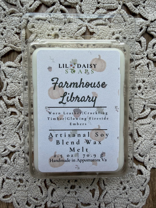 Farmhouse Library soy wax melts by Lil Daisy Soaps sit on a crochet doily. Handmade in Virginia.