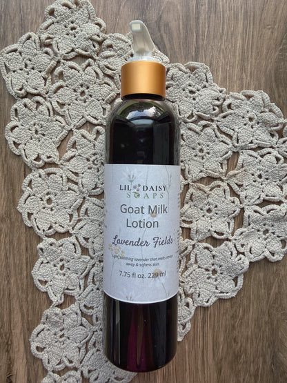 Lil Daisy Soaps Goat Milk Lotion rests on a doily, delivering lightweight daily moisture for soft, healthy skin.