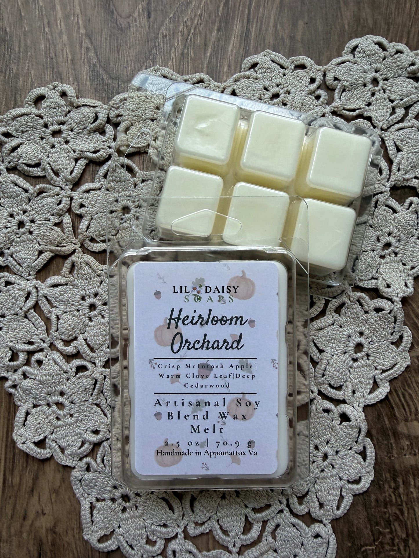 Two Heirloom Orchard wax melts by Lil Daisy Soaps—fill your home with autumn and cedarwood fragrance.