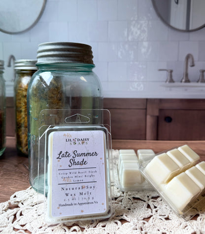 Late Summer Shade Soy Wax Melts by Lil Daisy Soaps rest on lace near mason jars and a kitchen sink.