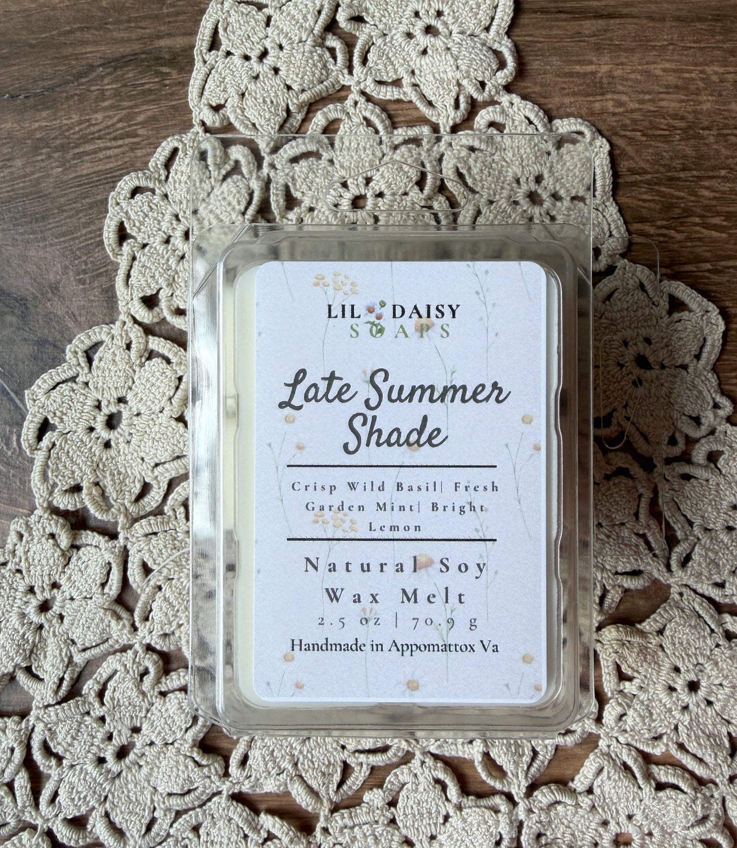 Lil Daisy Soaps Late Summer Shade soy wax melts with a clean scent, handmade in Virginia.