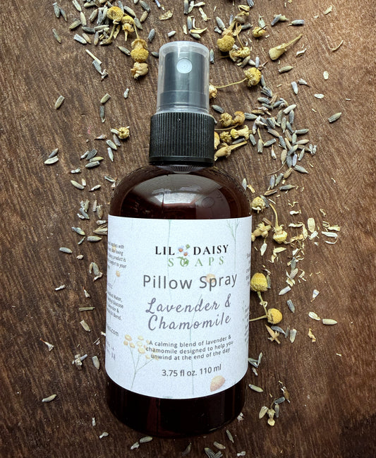 Lil Daisy Soaps Lavender & Chamomile Pillow Spray—relaxing linen & room mist, perfect for bedtime.