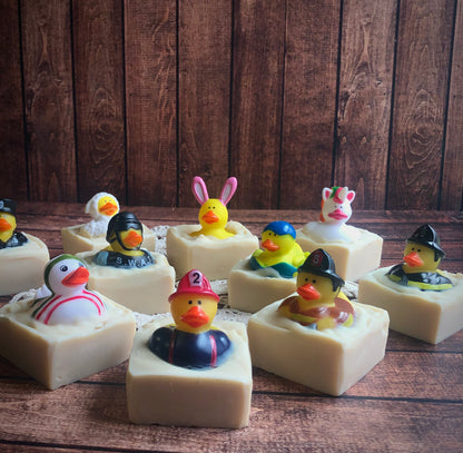 Rubber Ducky Goat Milk Soap by Lil Daisy Soaps features cute costume ducks atop goat milk soap.