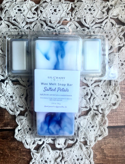 Salted Petals Wax Melt Snap Bar by Lil Daisy Soaps: blue & white swirls, floral scent, long-lasting fragrance.
