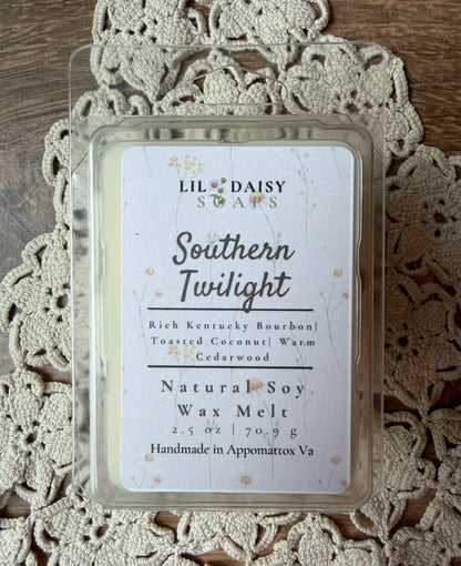 Southern Twilight Soy Wax Melts by Lil Daisy Soaps, handmade in Virginia on a lace doily, top view.