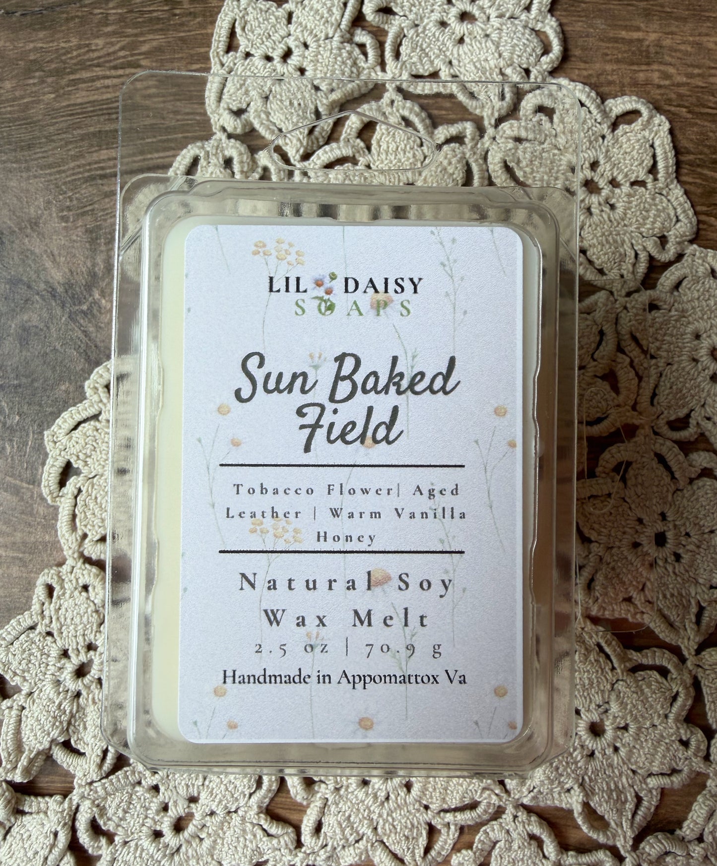 Sun Baked Field Soy Wax Melts by Lil Daisy Soaps give long-lasting fragrance with gentle tobacco flower notes.